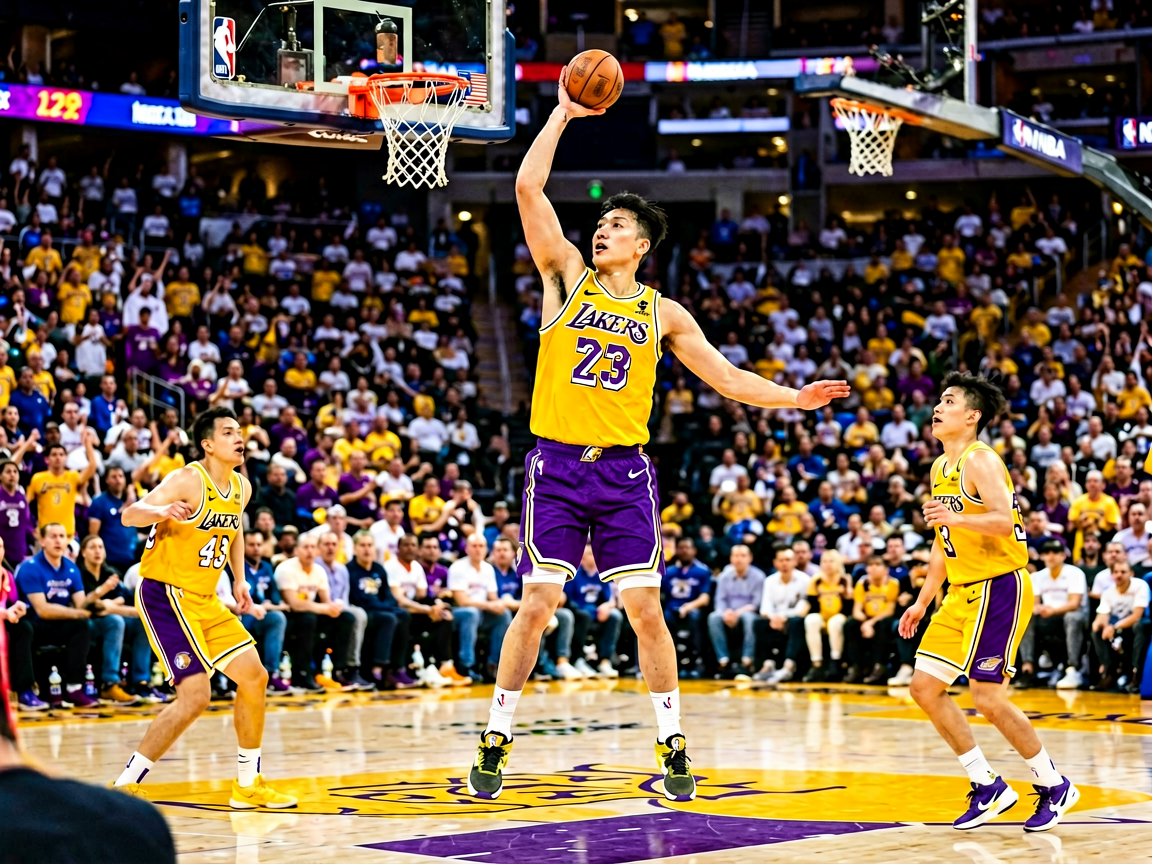 谈球吧NBA资讯 - 湖人队比赛现场,球员突破上篮